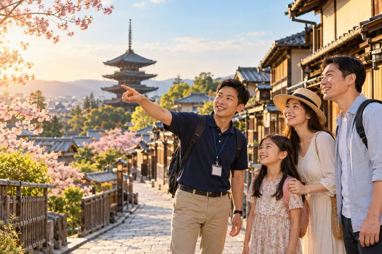 Gia đình tham quan phố cổ Nhật Bản cùng hướng dẫn viên tiếng Việt.
