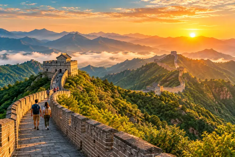Vạn Lý Trường Thành uốn lượn trên núi trong ánh bình minh.