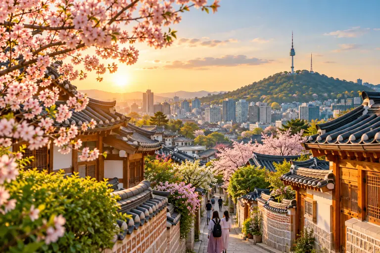 Phố nhà hanok giữa mùa hoa anh đào với tháp Namsan phía xa.