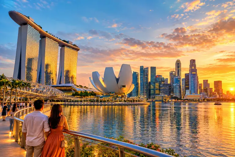 Du khách ngắm Marina Bay Sands và vịnh Marina lúc hoàng hôn.