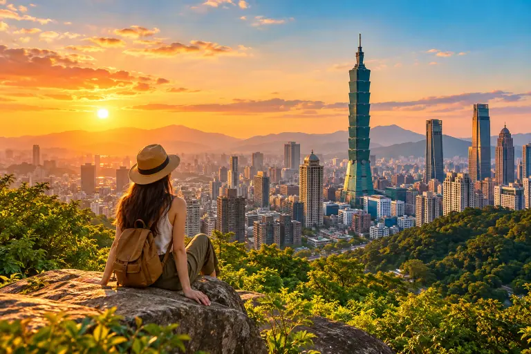 Du khách ngắm thành phố Đài Bắc và tòa Taipei 101 lúc hoàng hôn.