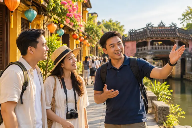 Hướng dẫn viên giới thiệu phố cổ cho hai du khách.