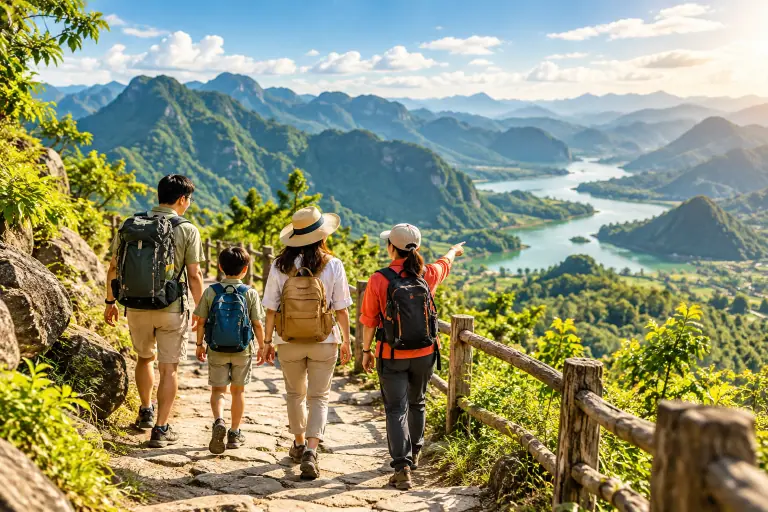 Gia đình và hướng dẫn viên đi trên lối tham quan giữa núi xanh.