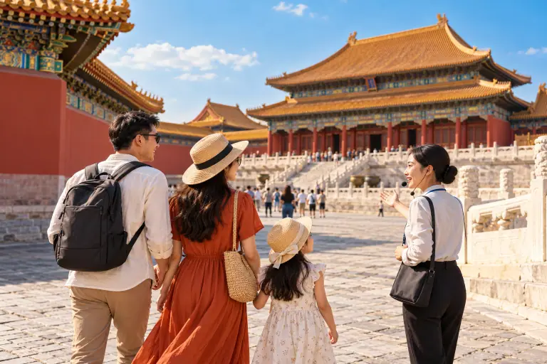 Gia đình tham quan Tử Cấm Thành cùng hướng dẫn viên.