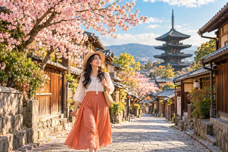 Du khách dạo bước trên phố cổ Kyoto giữa mùa hoa anh đào.