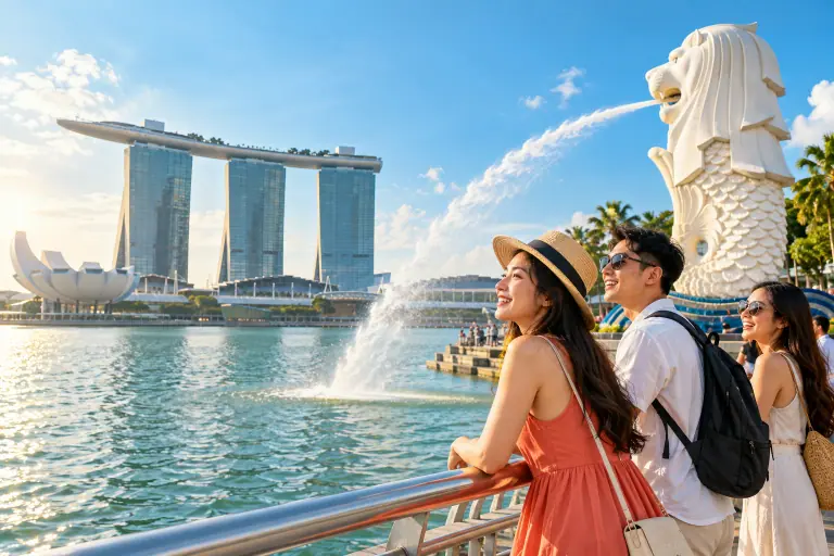 Nhóm du khách ngắm tượng Merlion và vịnh Marina tại Singapore.
