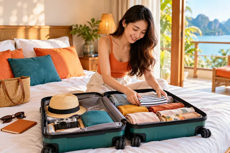 Du khách sắp xếp quần áo và vật dụng gọn gàng trong vali.