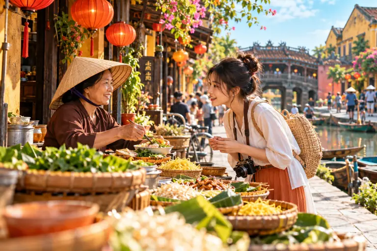 Du khách trò chuyện với người bán món ăn tại khu phố cổ.