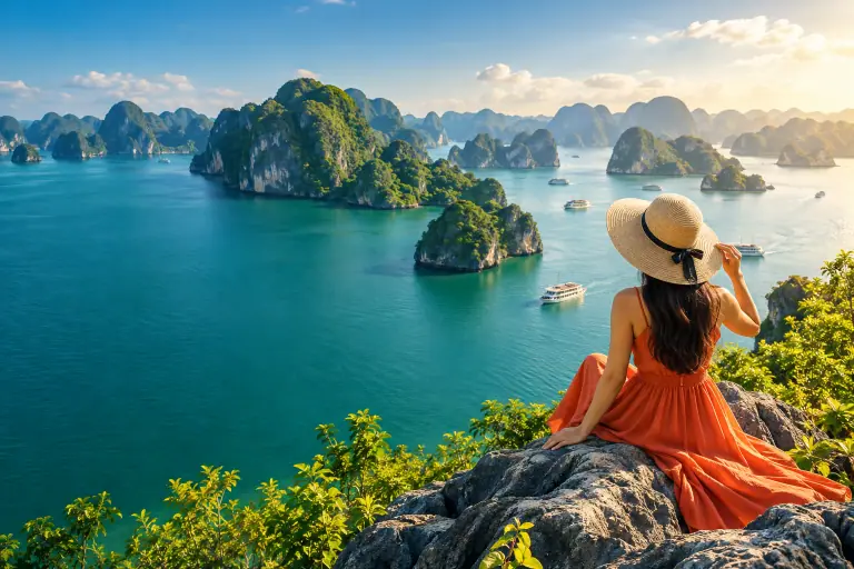 Du khách đội mũ ngắm các đảo đá vôi và làn nước xanh của vịnh Hạ Long.