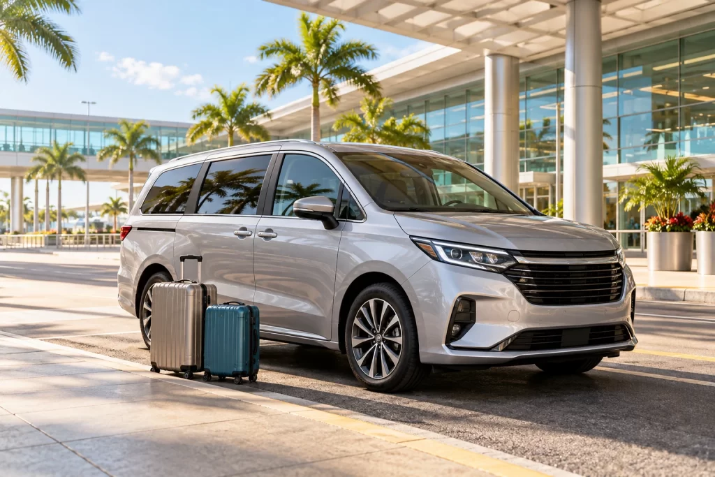 Xe minivan màu bạc và hai vali trước nhà ga sân bay hiện đại.