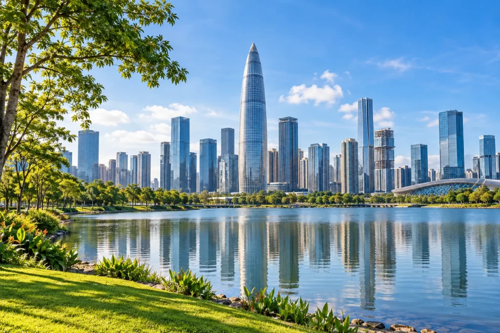 Cảnh đô thị Thâm Quyến nhìn qua mặt nước và cây xanh khu vực công viên Nhân Tài.
