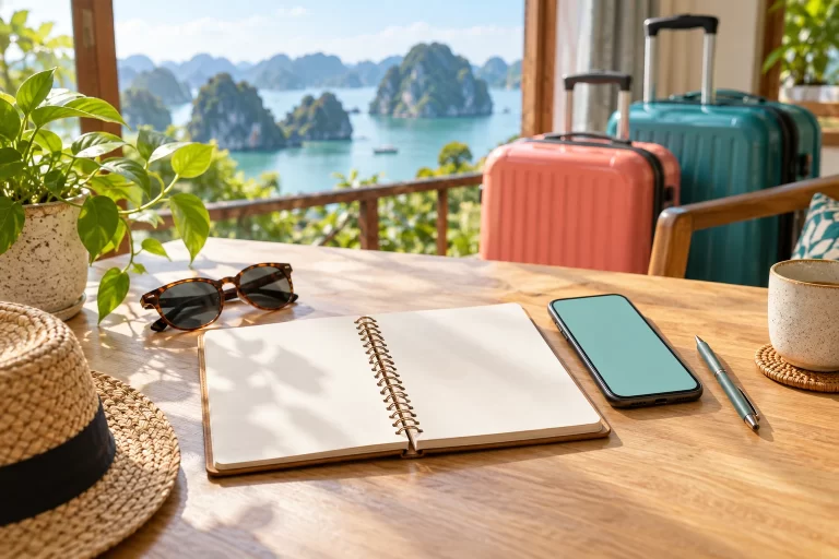 Sổ kế hoạch, điện thoại và đồ dùng du lịch chuẩn bị cho việc trao đổi lịch trình.