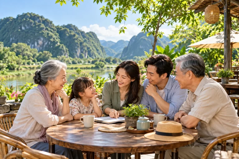Gia đình nhiều thế hệ cùng trao đổi kế hoạch tại bàn nghỉ bên khu vườn.