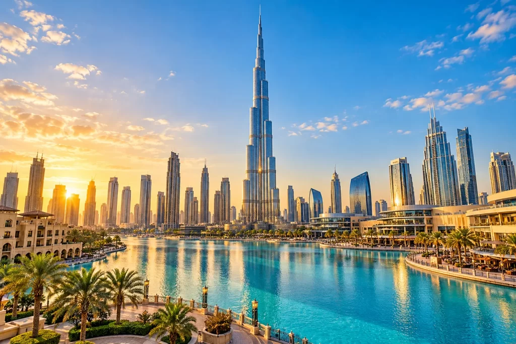 Tòa Burj Khalifa và cảnh quan đô thị bên hồ nước tại Dubai, UAE.