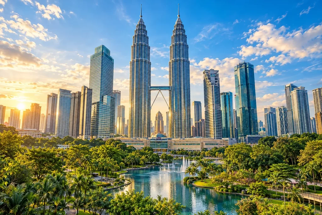 Tháp đôi Petronas giữa công viên và hồ nước tại Kuala Lumpur, Malaysia.